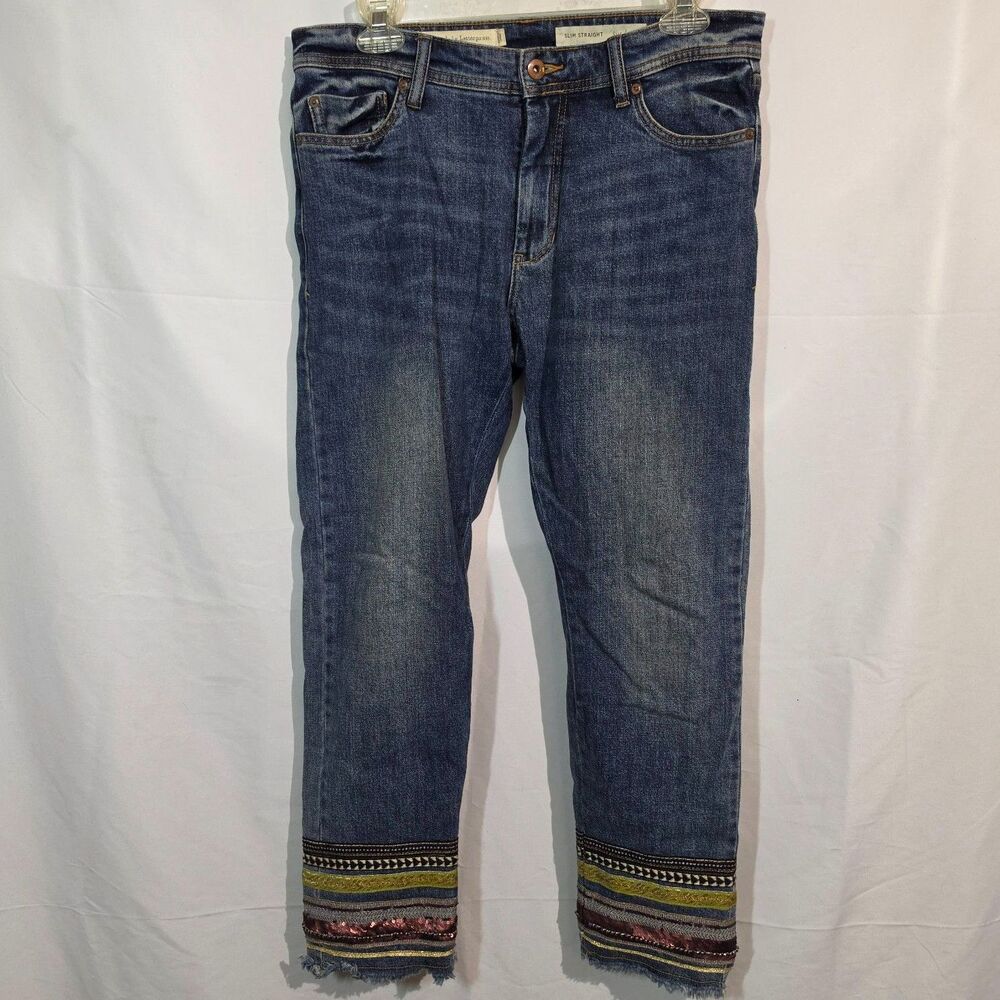 Pilcro and the Letterpress Slim Straight Jeans Embroidered Sequin Cuffs Sz 28